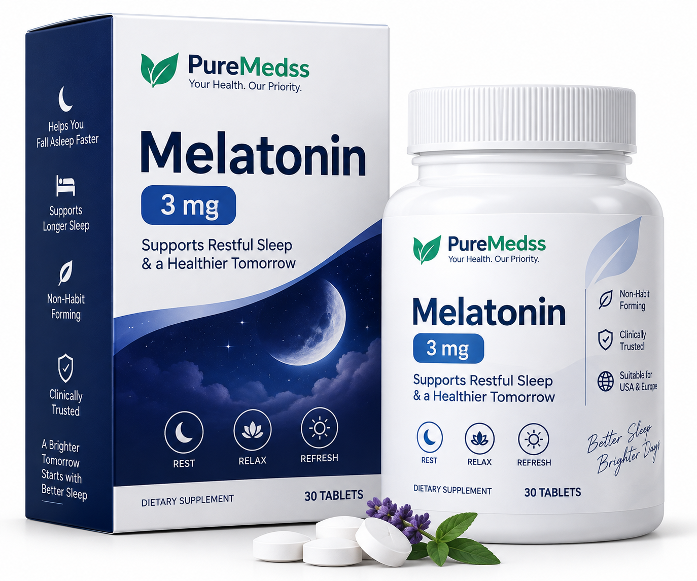 Melatonin 3mg Tablets for Sleep Support | PureMedss – 30 Tablets EXP-2029