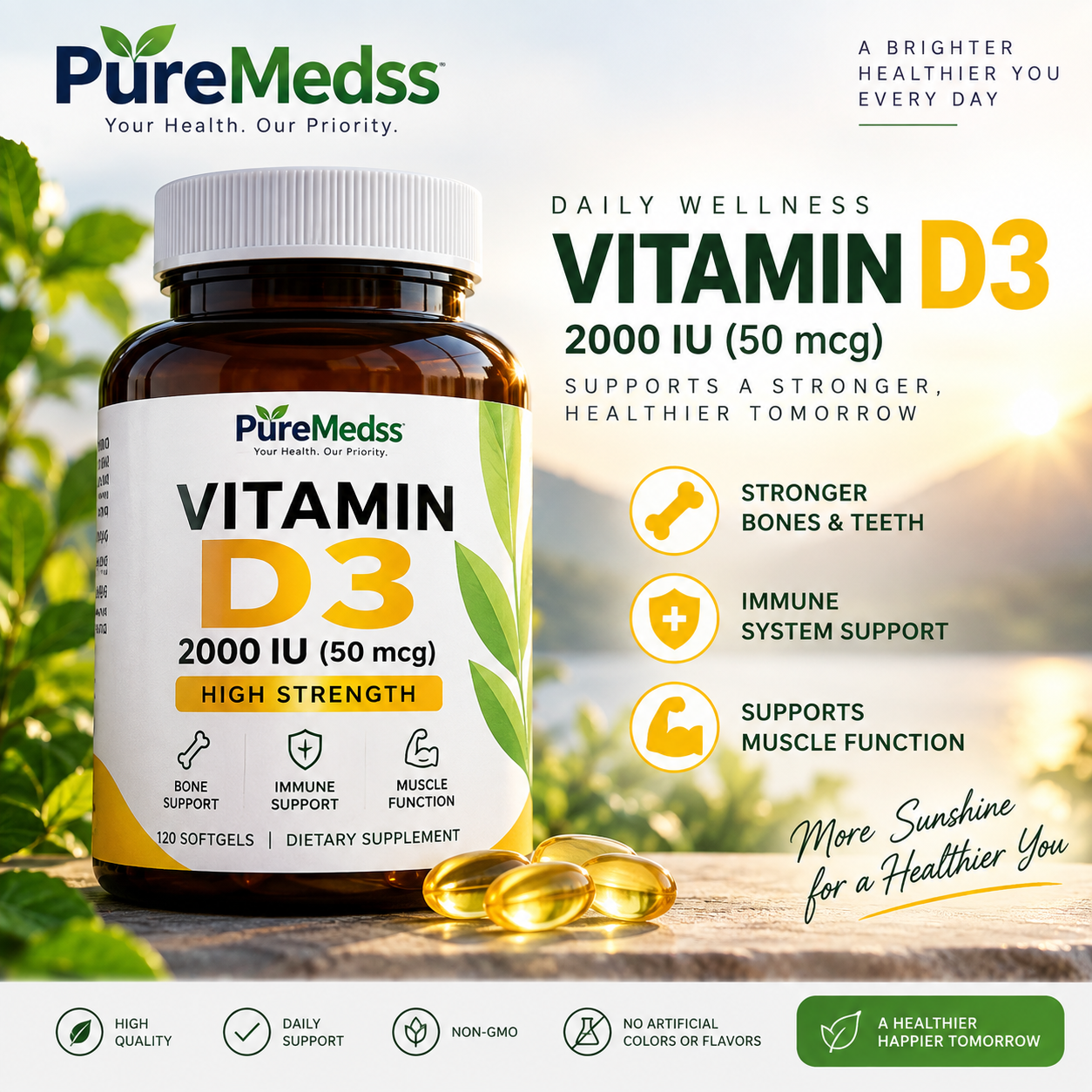 Vitamin D3 2000 IU – Daily Bone, Muscle & Immune Support | High-Quality Cholecalciferol Supplement