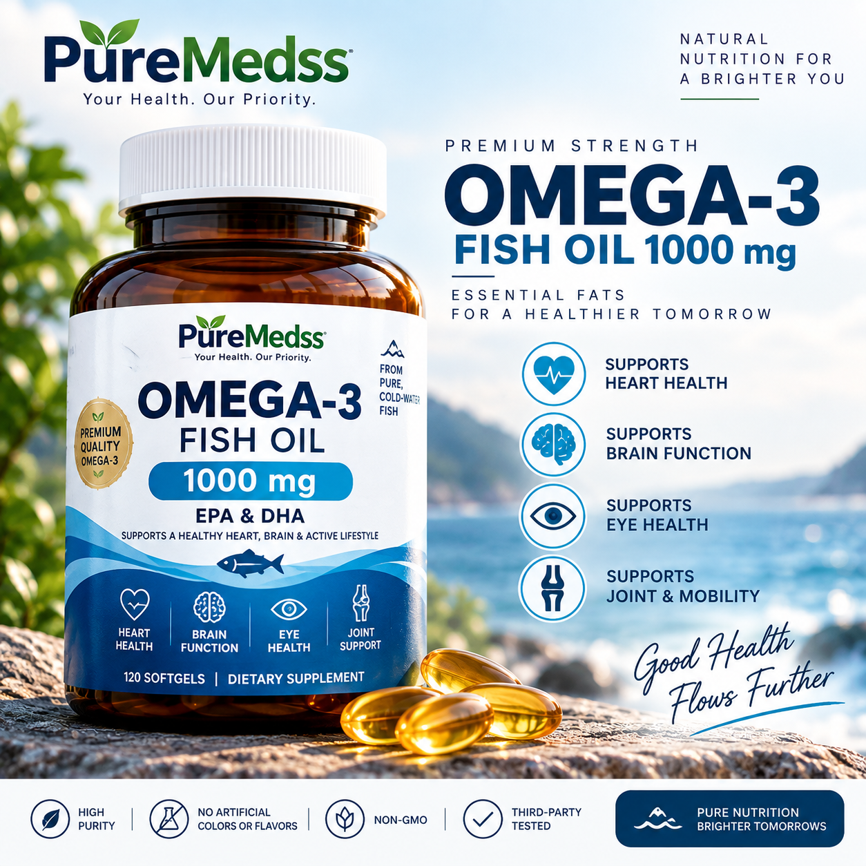 Omega-3 Fish Oil 1000mg – EPA & DHA for Heart, Brain, Eye & Joint Support | PureMedss